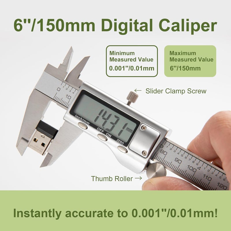 SCITOOLS All-Metal Digital Caliper 0-6" Measuring Tool, Micrometer Caliper with Auto-Off Feature, Interchangeable Between inches and millimeters for DIY/Household and 3D Printing - Image 2